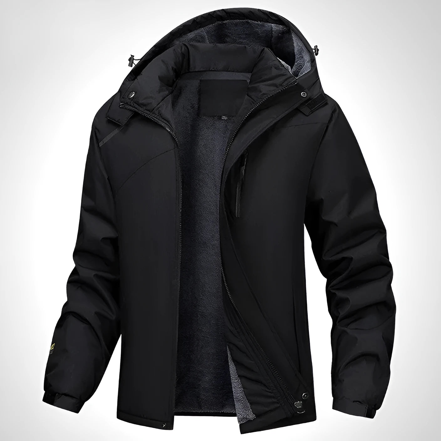 Men's plus size loose fit hooded coat in army green, showing front view with zipper and hood.