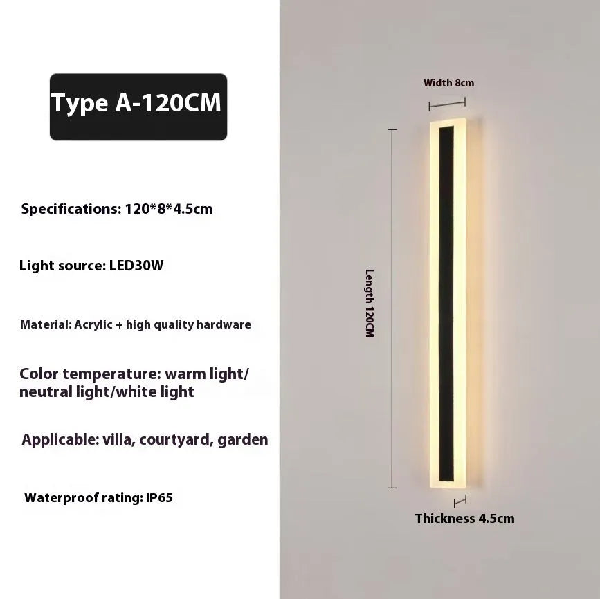 150cm long straight outdoor LED wall lamp with black wrought iron shell and warm white light.