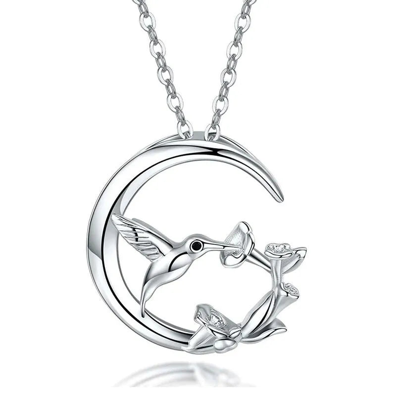 Copper O-link chain necklace for women with morning glory blossom and hummingbird pendant in platinum white gold colour
