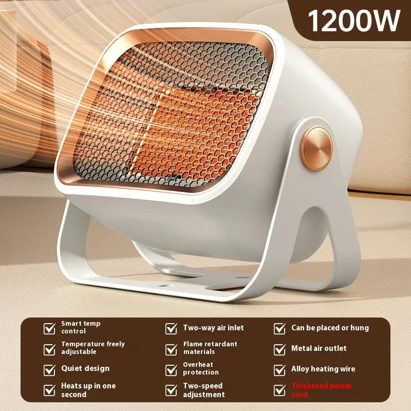Compact white desktop ceramic heater with rotating base and control buttons on a wooden desk.