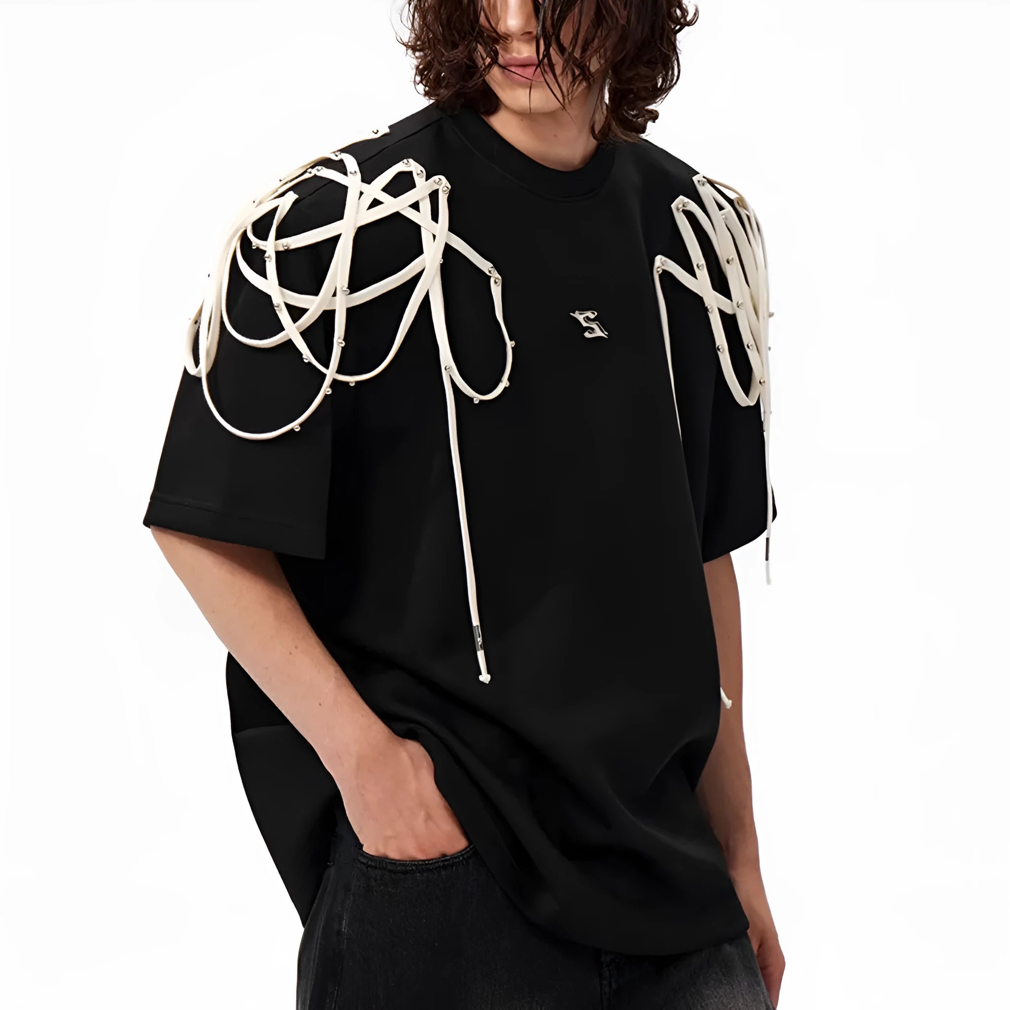 Black loose fit t-shirt with ribbon detailing on padded shoulders, short sleeves, round neck