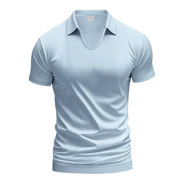 Men's loose fit V-neck short sleeve t-shirt in light blue cotton blend fabric