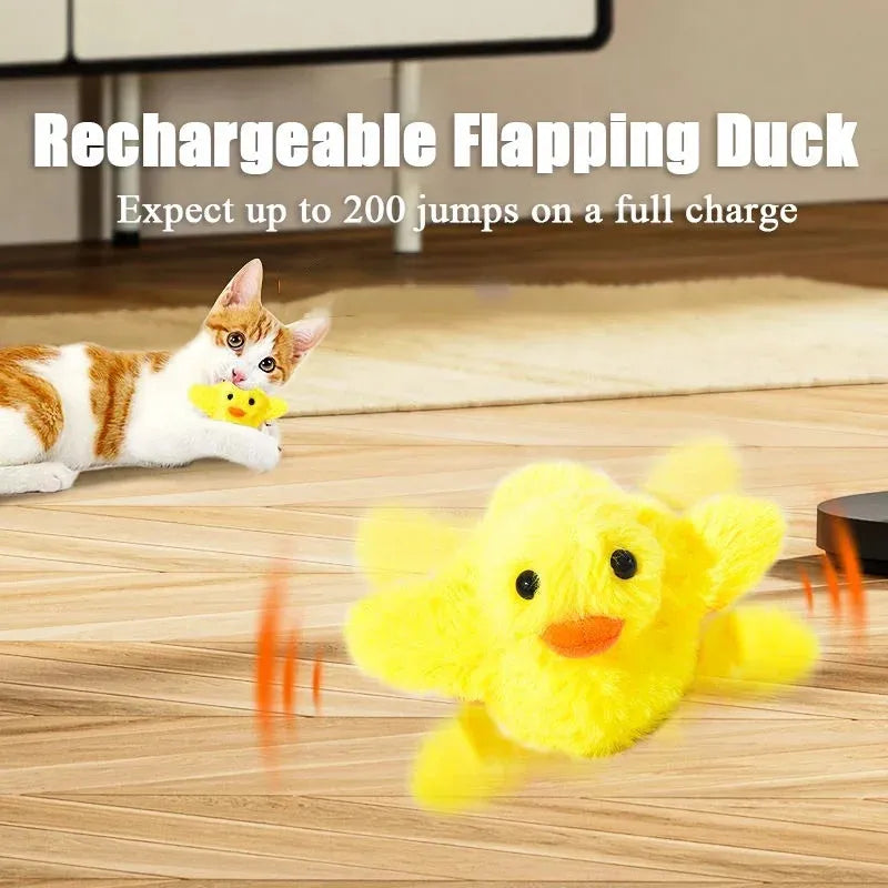 Yellow flapping duck cat toy with chick simulation shape showing vibration sensor and removable plush cover
