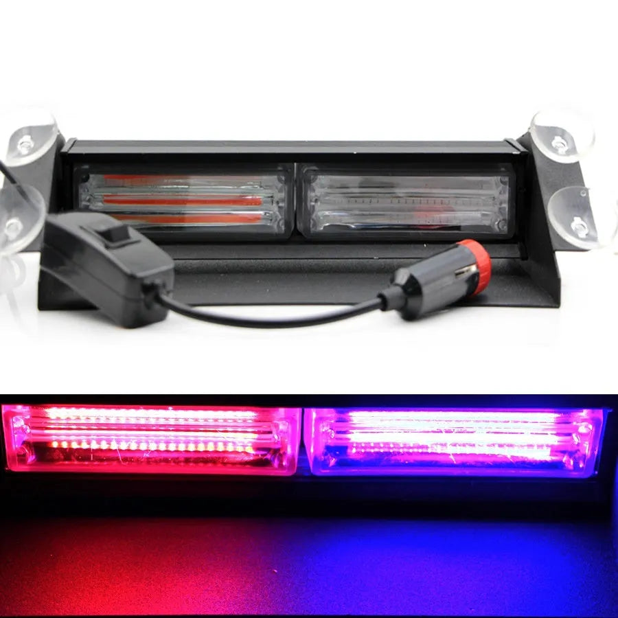 LED strobe light with aluminum housing and suction cup mount on a car windscreen