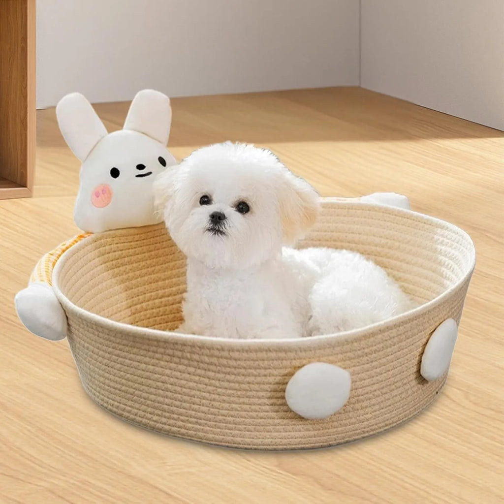 Woven cotton rope cat bed with scratching surface in Bear design, shown in medium size.
