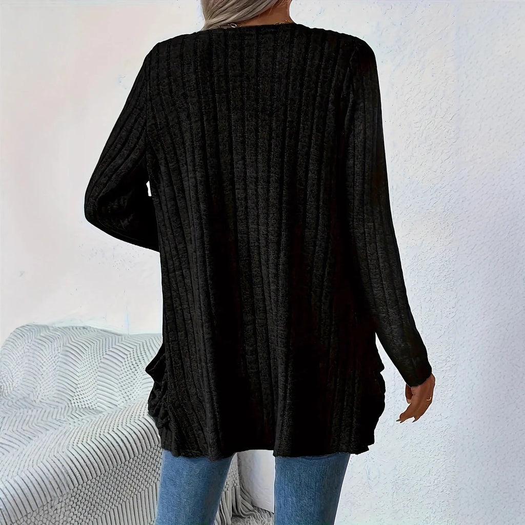 Women's solid colour long sleeve cardigan with pockets in loose fit, shown in Granny Grey.