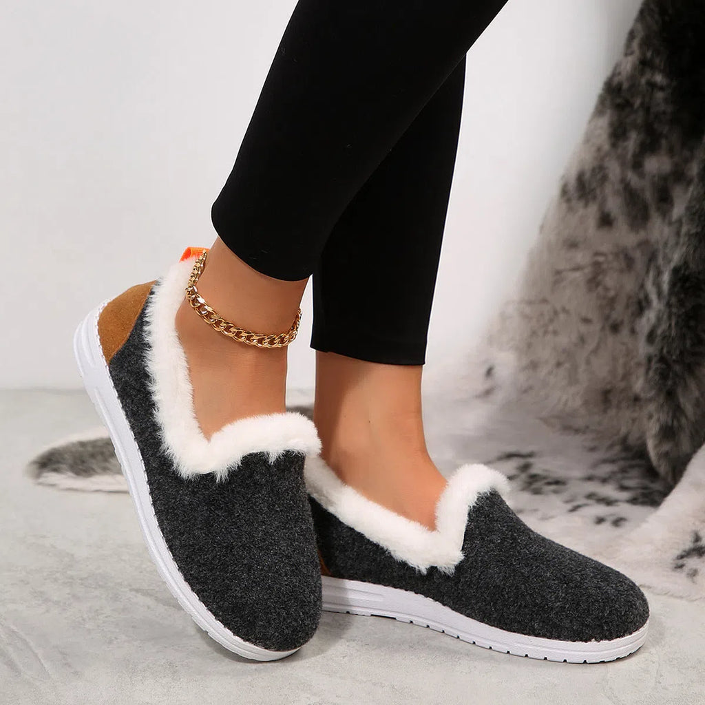 Women's Korean style thick soled short tube cotton shoes in light brown suede with plush lining