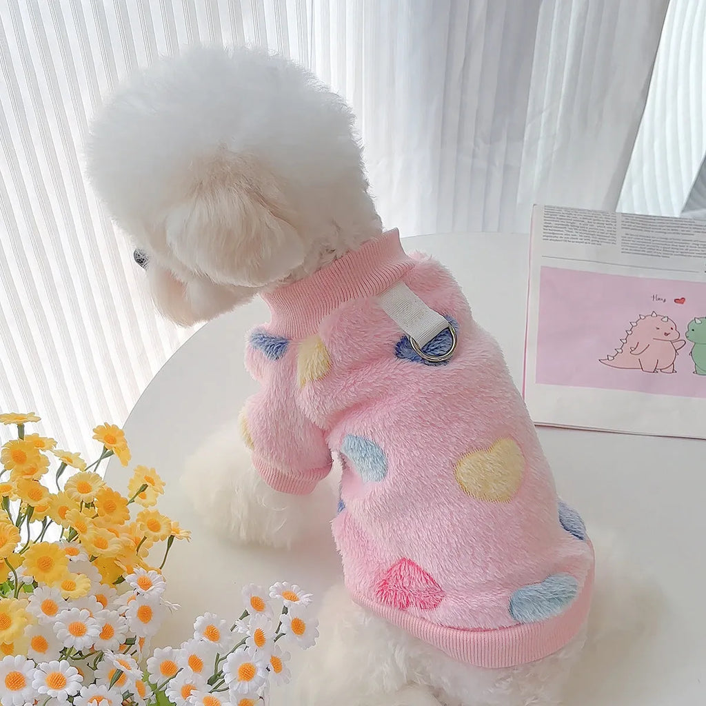 Flannel pet clothing in pink love pattern on a light background, cotton material, available from XS to XXL