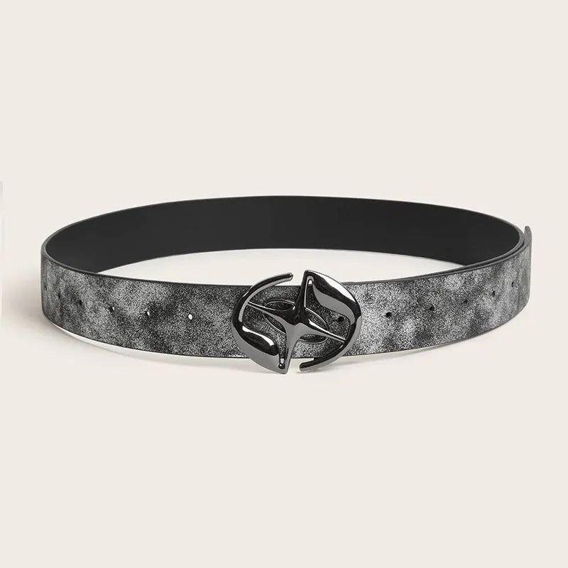 Women's wide retro belt with oval buckle in earth tone grey white colour