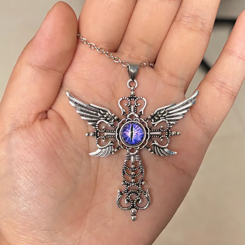 Geometric devil wings cross pendant necklace in alloy metal showing colour options