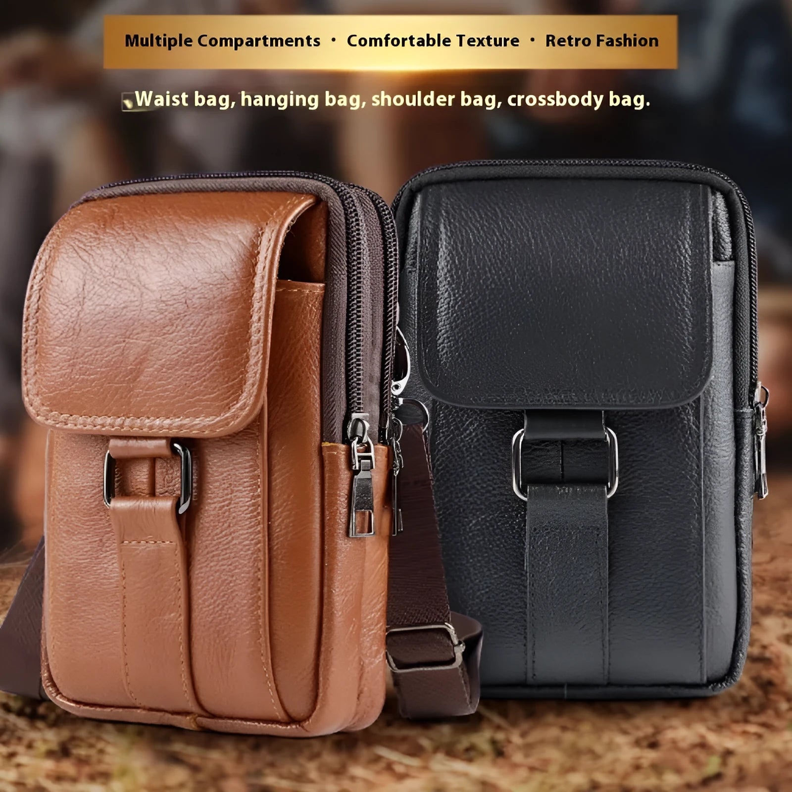 Men's black genuine leather crossbody waist bag with a lock and square vertical shape.