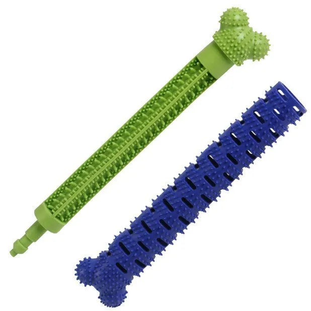 Blue and green dog dental chew toy with textured brush head and massage nodules for teeth cleaning and gum care.