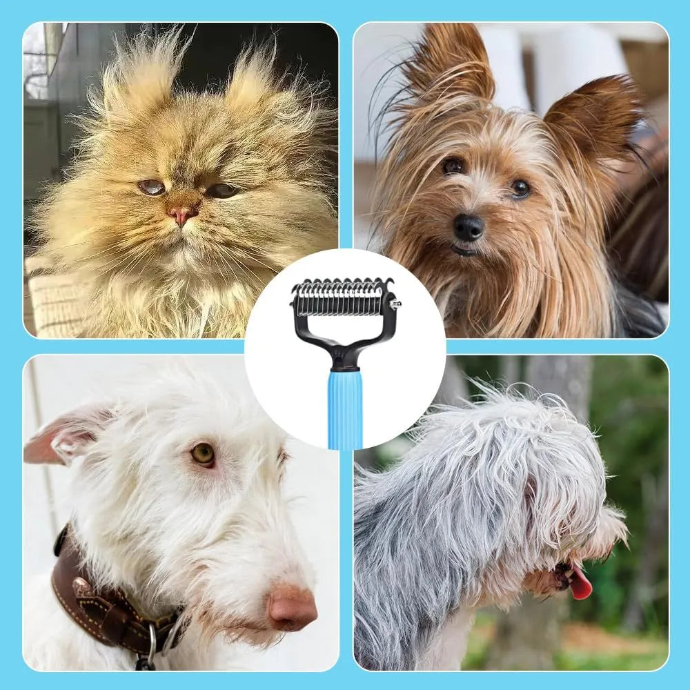 Pet dematting comb with double-sided stainless steel teeth in blue colour