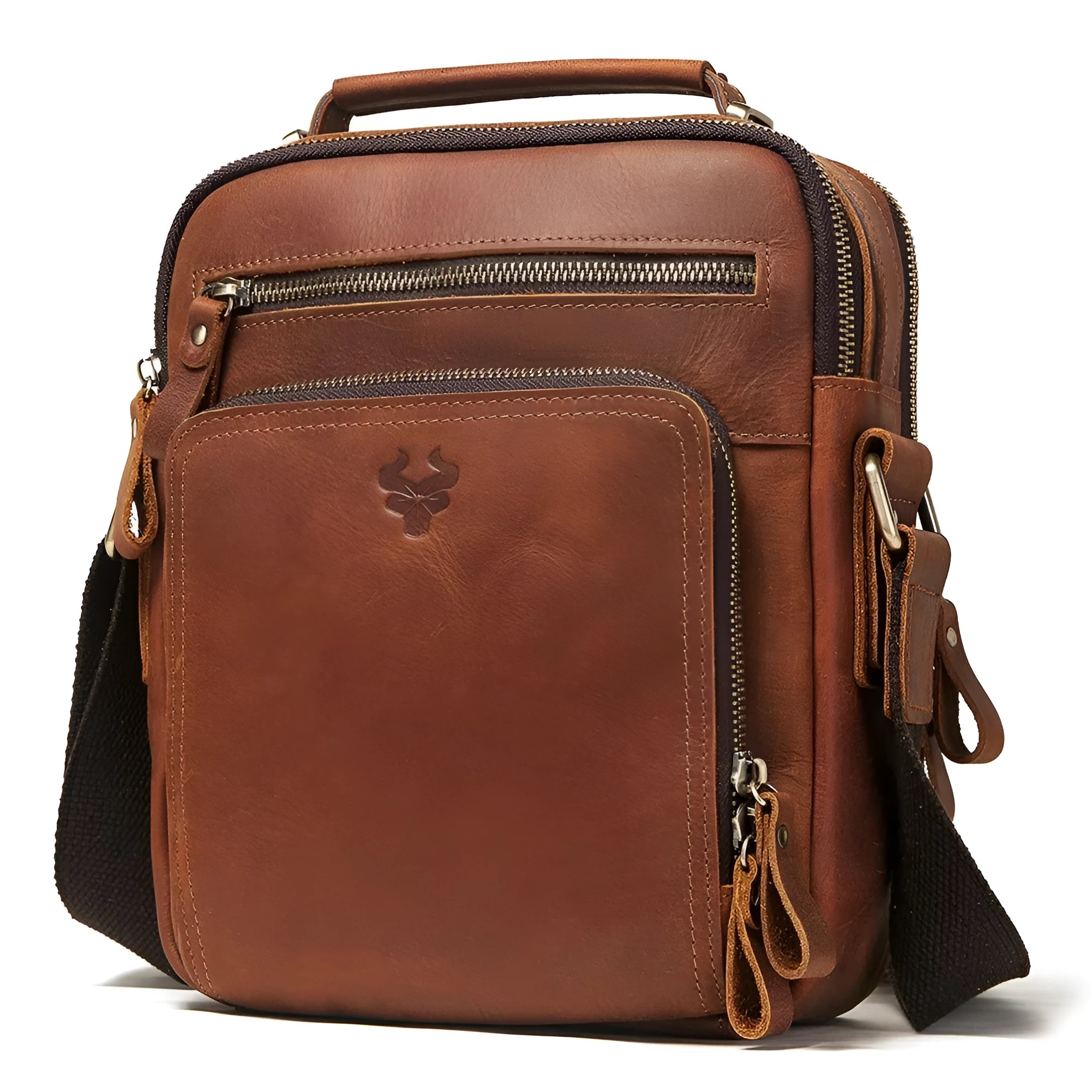Men's brown genuine Crazy Horse leather crossbody bag with a single shoulder strap and retro sewing detail.