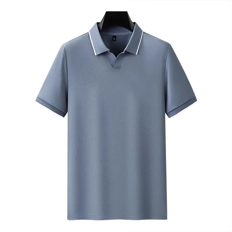 Mens solid colour lapel polo shirt in a cotton blend fabric on a hanger