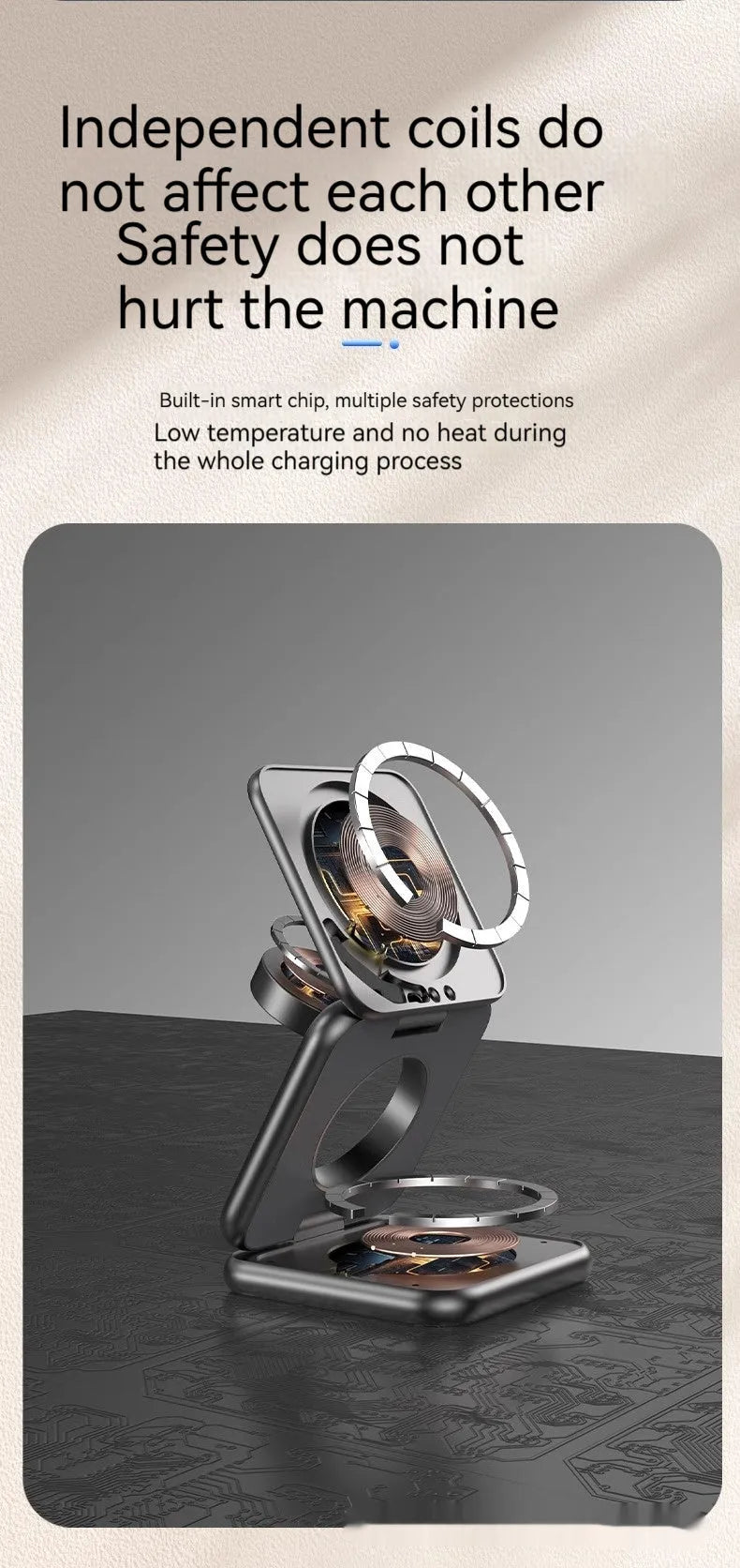 Foldable black magnetic wireless charging phone holder mounted on a car dashboard.