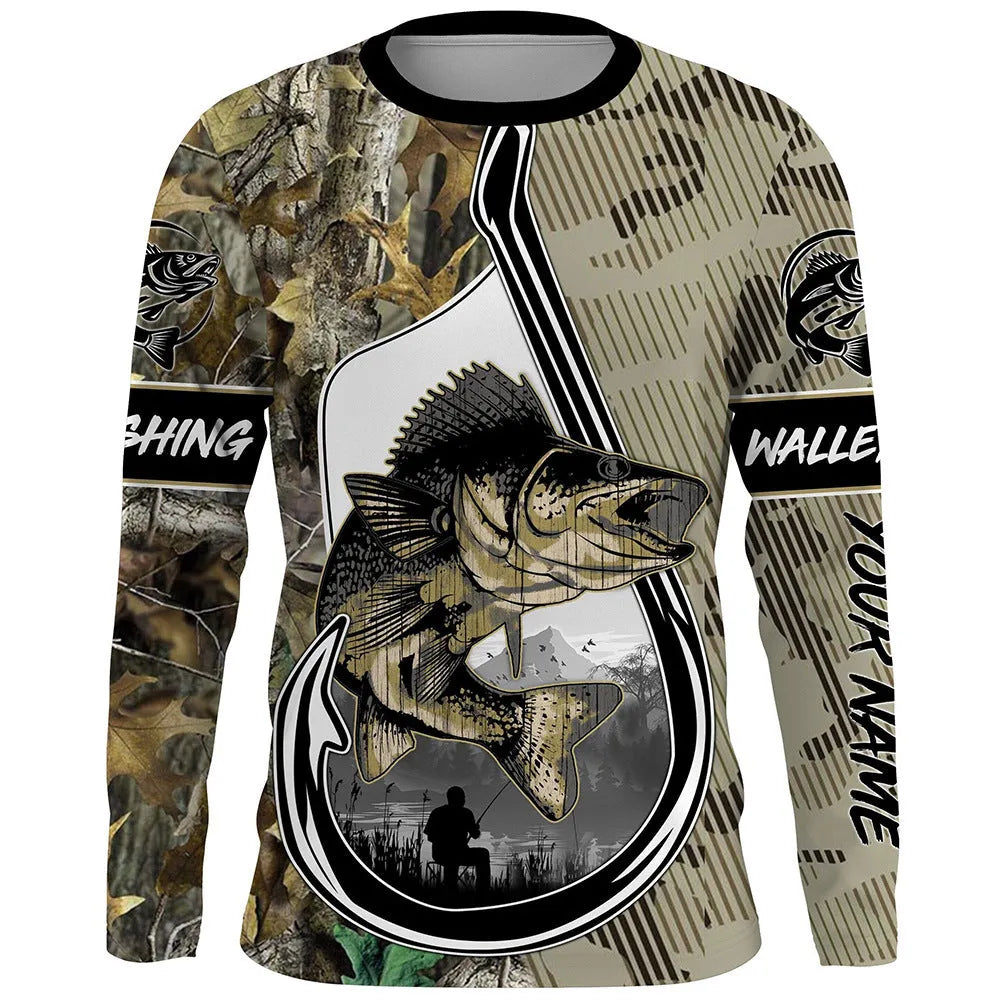 Men's grey round neck pullover top with an all-over printed fish pattern on the front and sleeves.