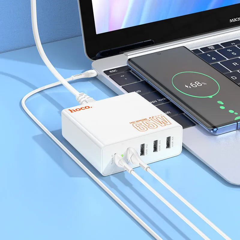 White European 65W PD fast charger with Type-C and USB-A ports, 1.5m cable, flame retardant PC housing