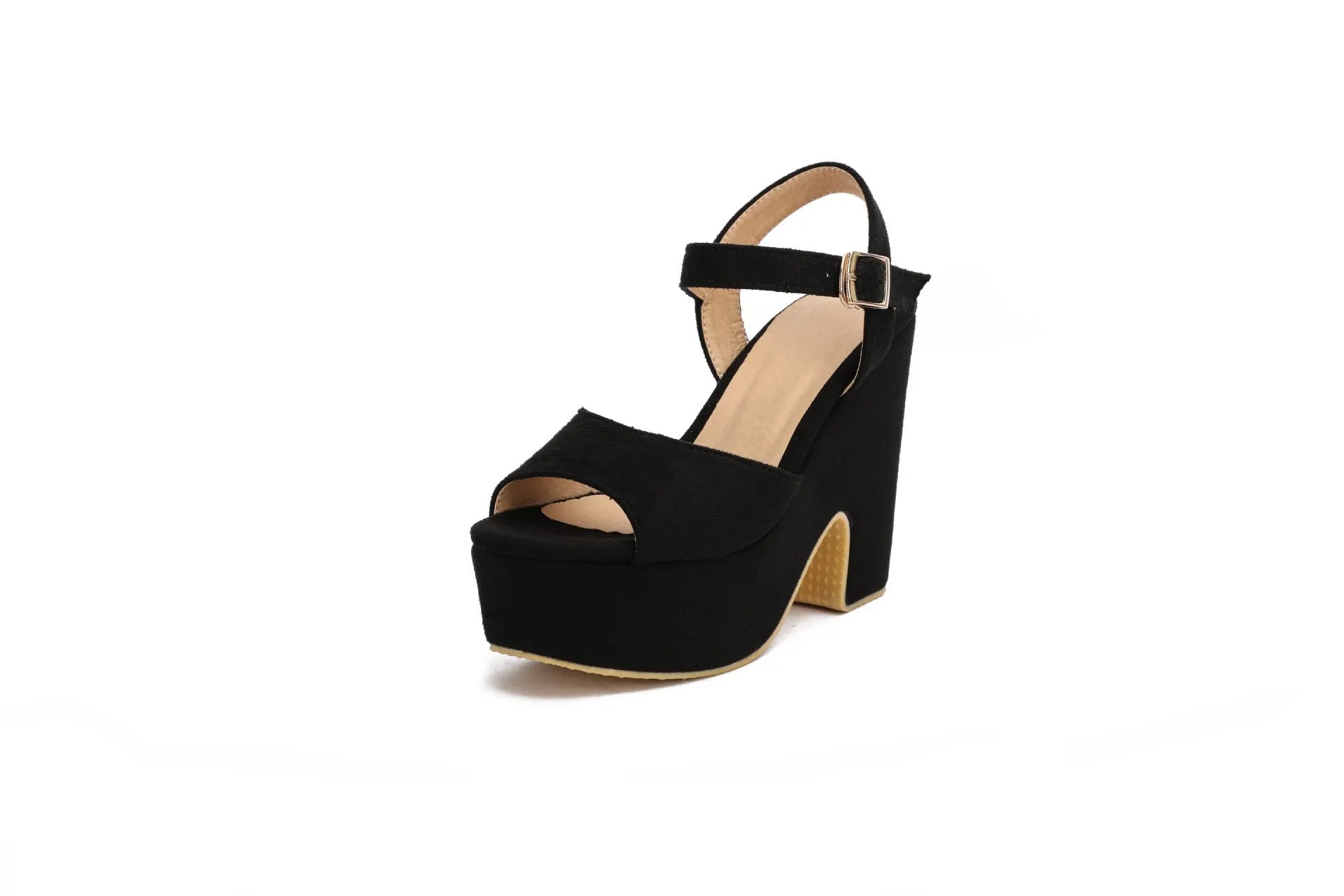 Women's black platform sandals with ankle strap and open toe design on suede upper