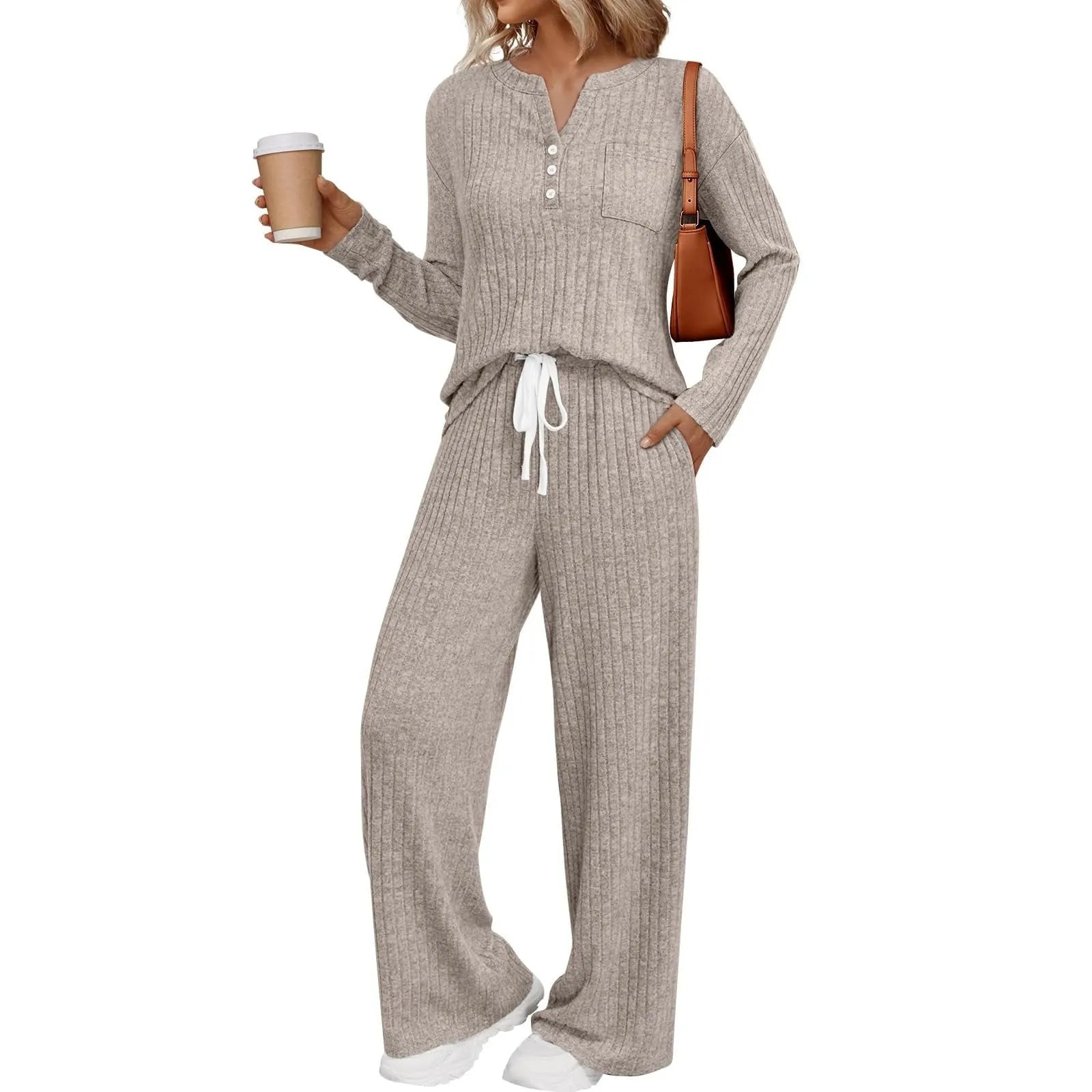 Women's V-neck knit long coat with lace-up detail and matching trousers in street fashion style