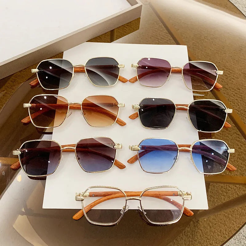 Frameless women's glasses with wood grain pattern and gold alloy frame in double blue colour variation