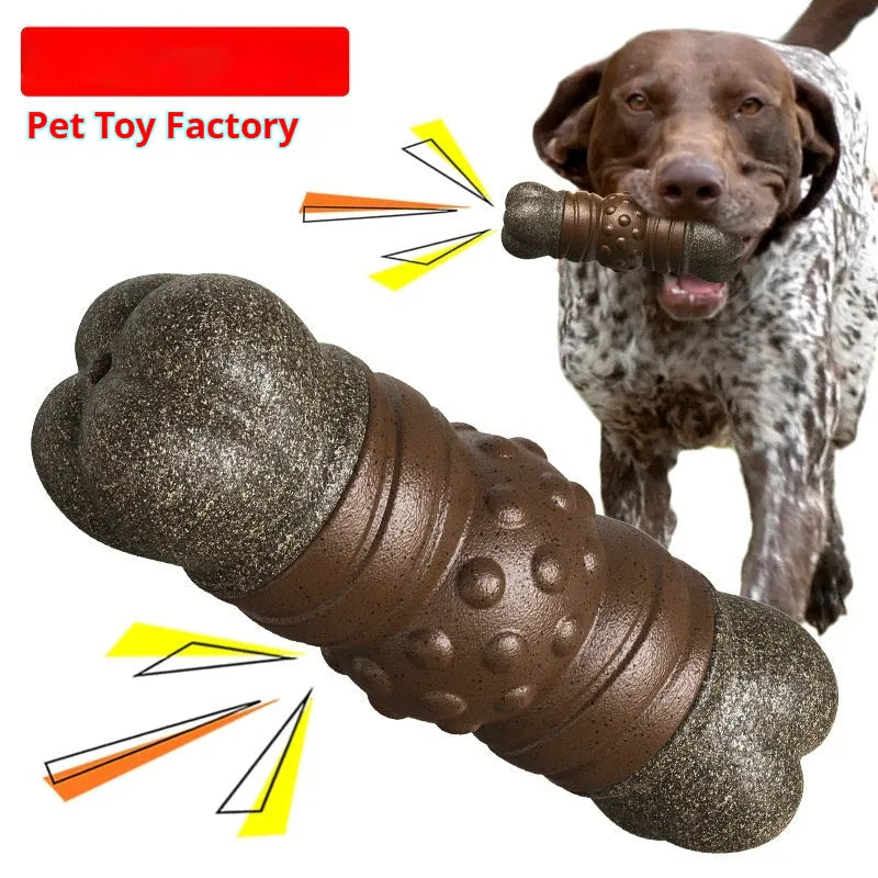 Wood colour plastic dog dental chew toy with sounding bone shape and molar rod