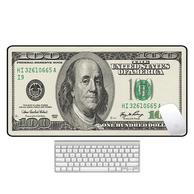 Large natural rubber desk mat with printed pattern, shown on a desk with keyboard and mouse.