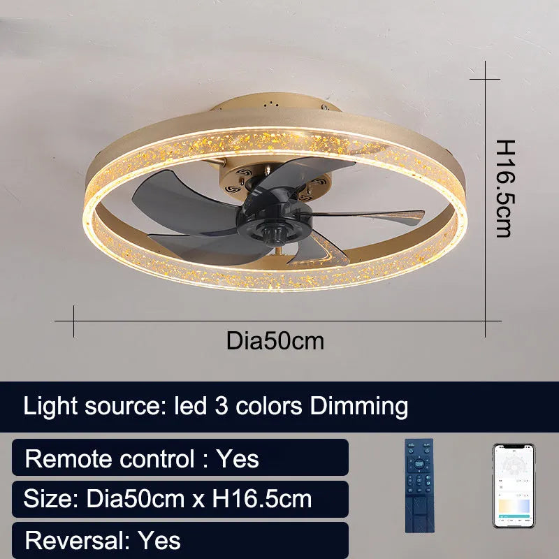 Nordic style remote control ceiling fan with LED light in a coffee gold finish.