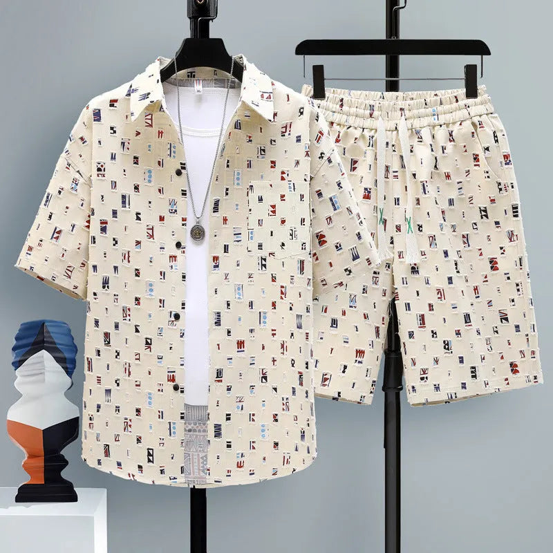 Men's casual sports shorts two-piece set with short sleeve top and matching polyester shorts