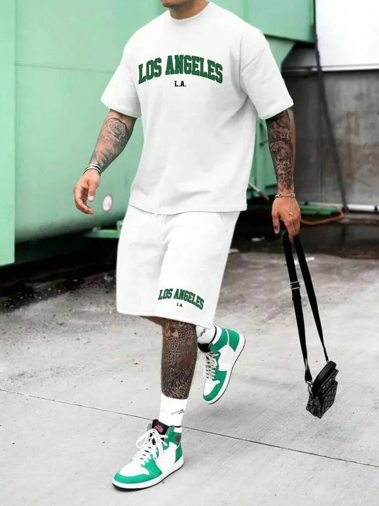 Men's 3D printed suit set with personality letter design on short sleeve top and matching shorts