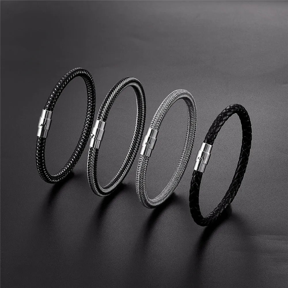 Men's titanium steel geometric wire bracelet with a magnetic clasp, shown in a silver finish.