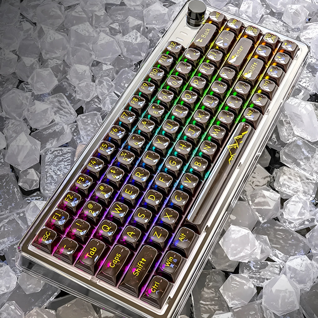 Attack Shark K75RGB transparent wireless mechanical keyboard with RGB lighting showing through PC case