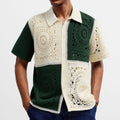 Men's beige colourblock short sleeve knit shirt with flocked detailing, regular fit, acrylic fibre fabric, front view on model