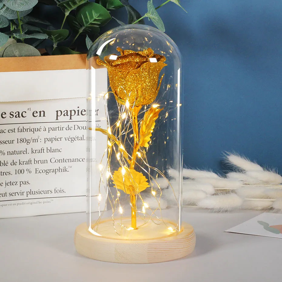 Eternal rose flower LED light in glass cover with warm white glow, six colours available, handmade