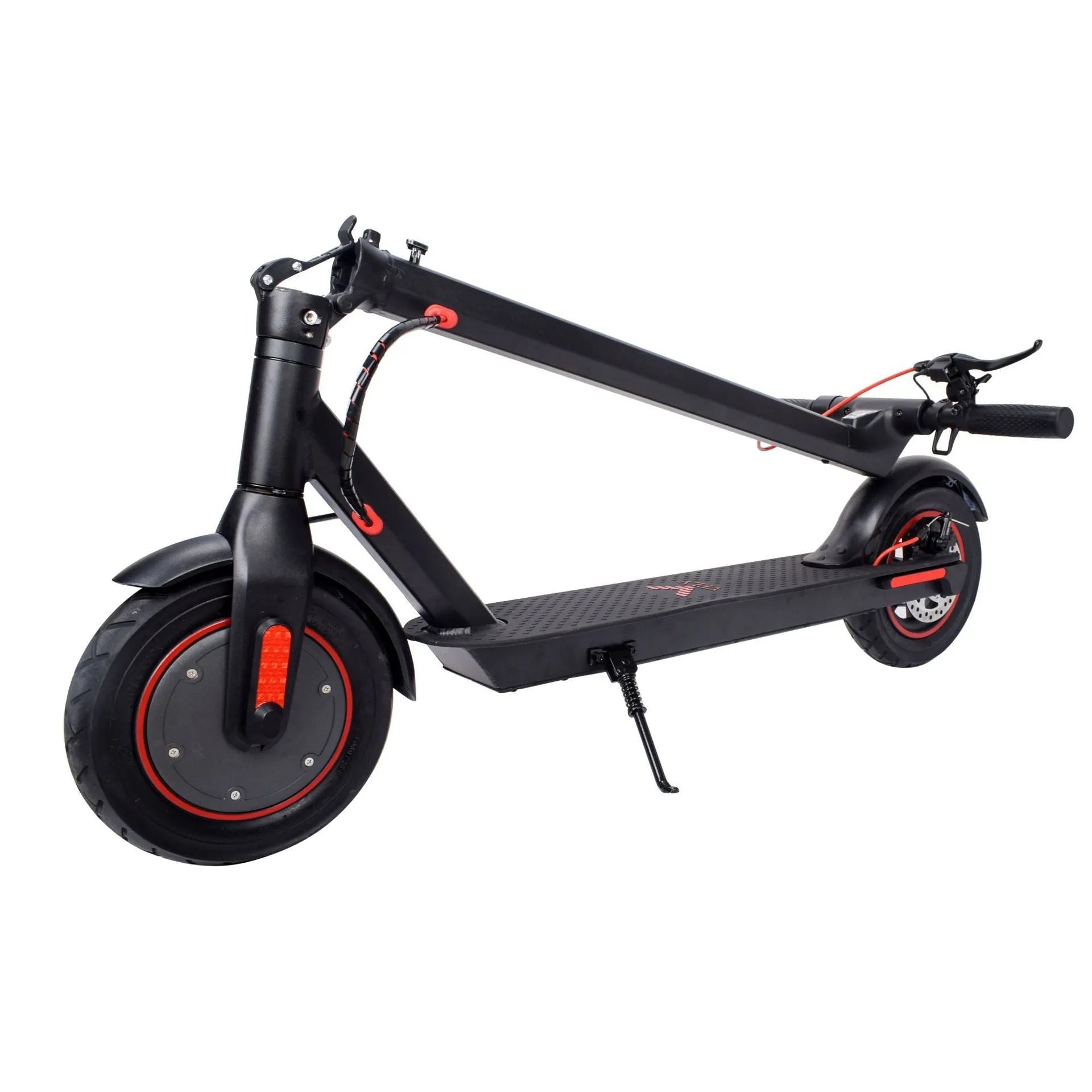 Black aluminium alloy electric folding scooter with 10inch tyres and disc brake on a flat surface