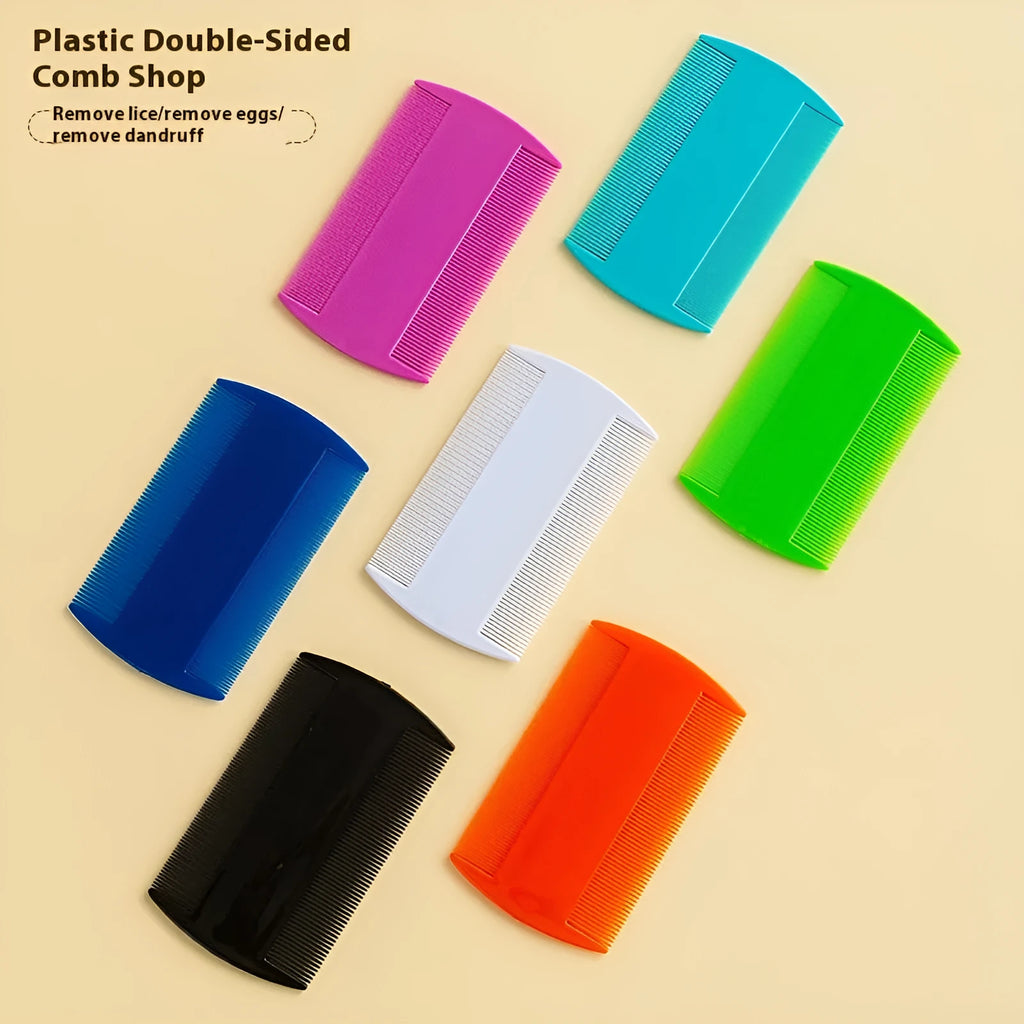 Double-edged plastic flea and lice comb in assorted colours, showing fine teeth.