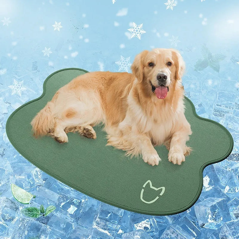 Ice silk dog cooling pad with dog head print, shown in light grey colour on a non-slip base.