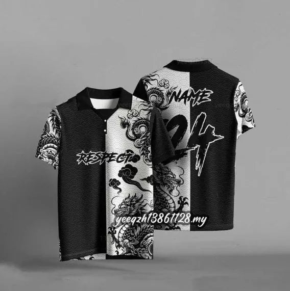 Black loose fit t-shirt with 3D digital printing design, short sleeves, casual style