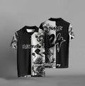 Black loose fit t-shirt with 3D digital printing design, short sleeves, casual style