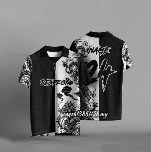 Black loose fit t-shirt with 3D digital printing design, short sleeves, casual style