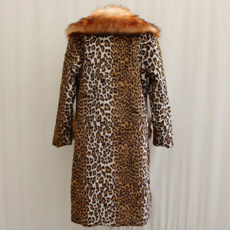 Women's leopard print artificial fur jacket with regular sleeves showing 80cm length