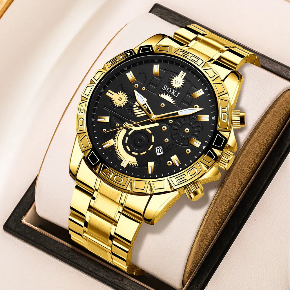 Gold men's stainless steel business quartz watch with calendar on wrist.
