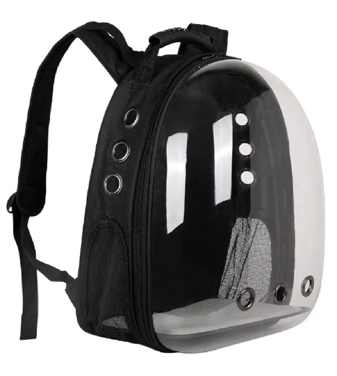 Grey PC hard-shell astronaut-style cat diaper bag with side opening