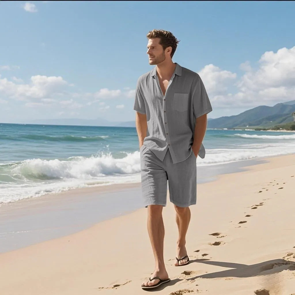 Linen blend short sleeve shirt and shorts beach suit set shown in light blue colour.