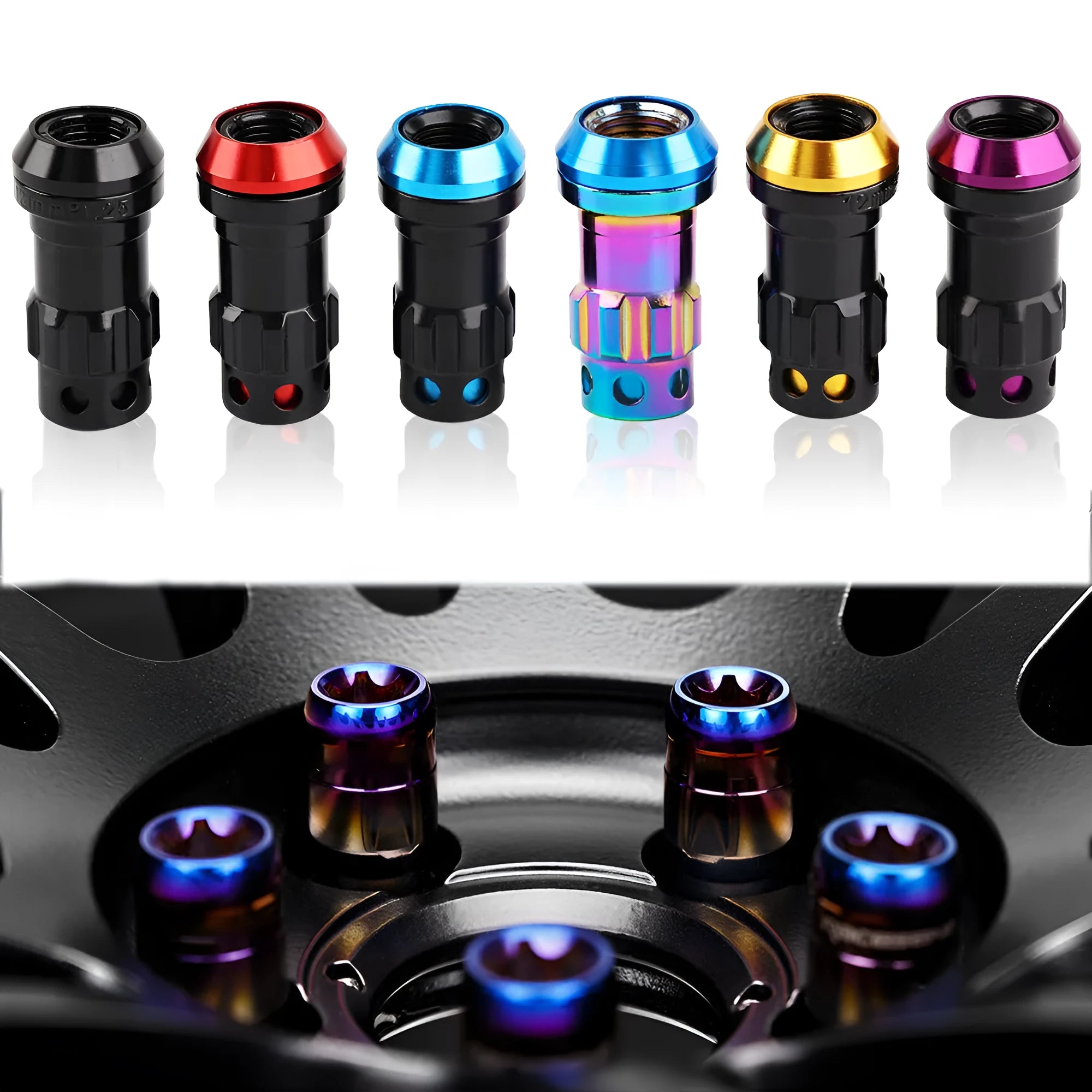 Set of aluminium alloy universal wheel hub nuts in various two-tone colours including black gold and red.