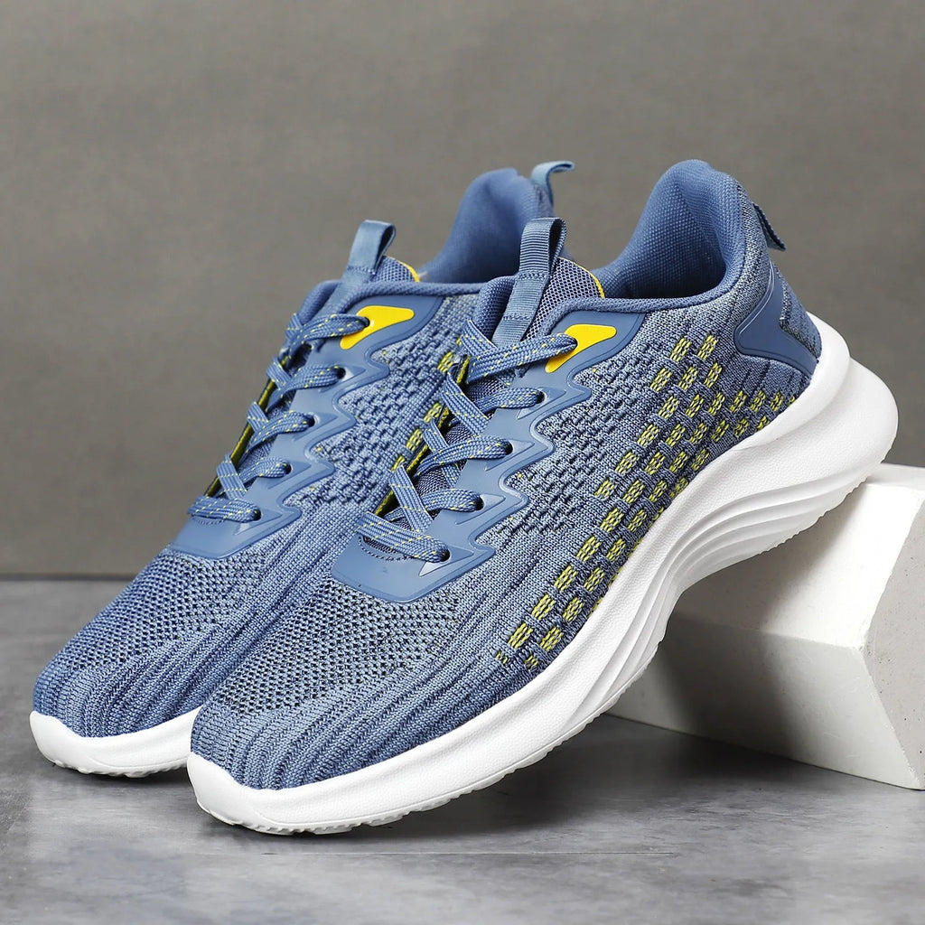 Lavender purple women's Flyknit running shoes with striped pattern, mesh lining, and a flat EVA wedge sole.