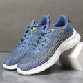 Lavender purple women's Flyknit running shoes with striped pattern, mesh lining, and a flat EVA wedge sole.