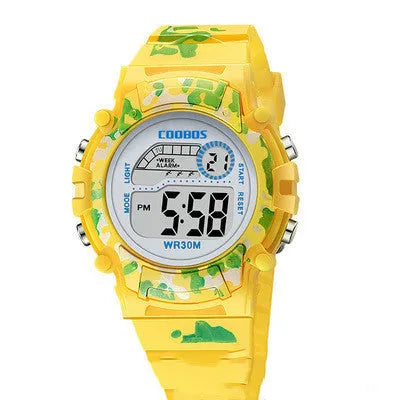Children's electronic watch with 30mm round dial and silicone strap in blue colour on a child's wrist