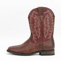 Men's black square toe motorcycle boots with embroidery details and wedge heel