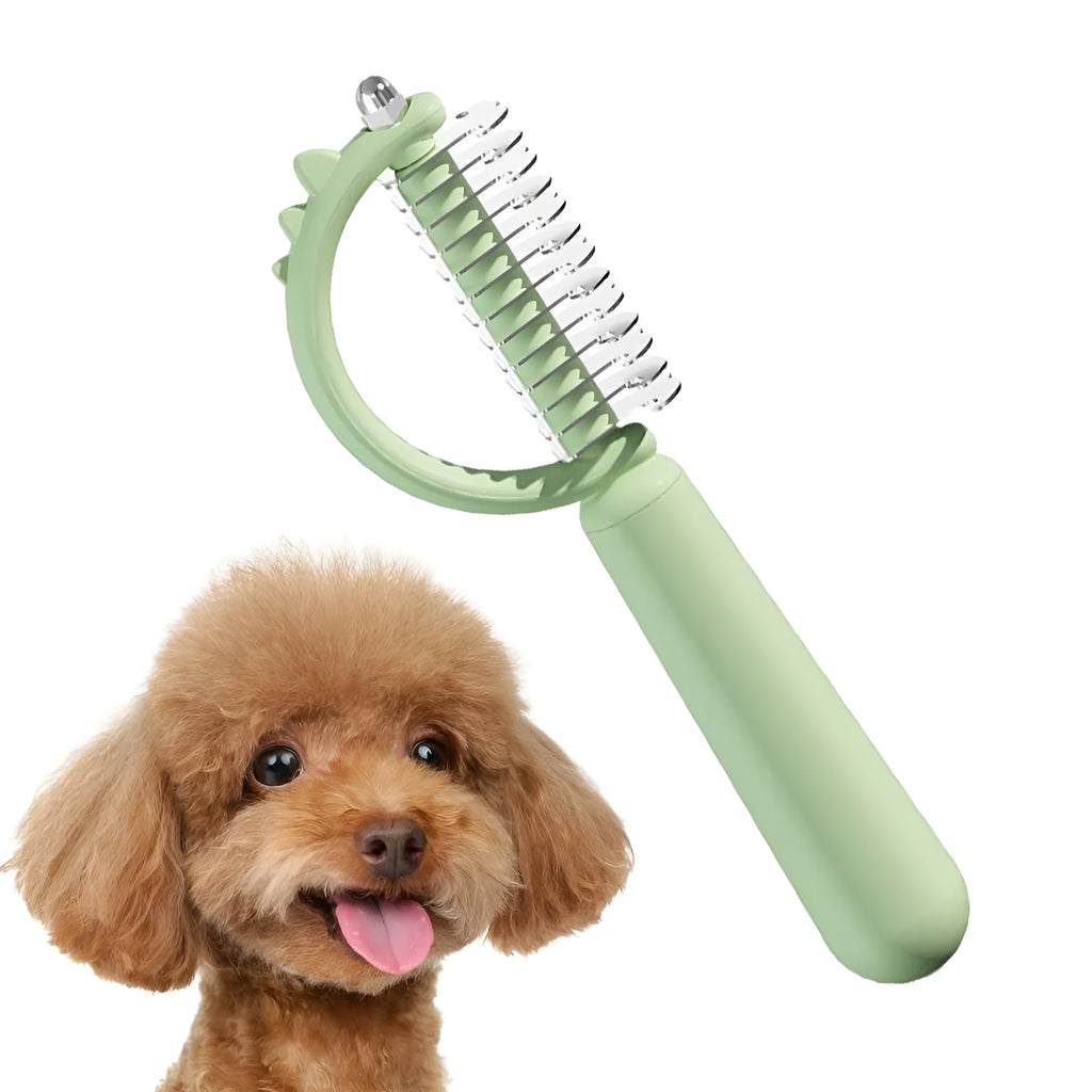 Blue dinosaur-shaped cat brush with self-cleaning feature and double-sided grooming heads